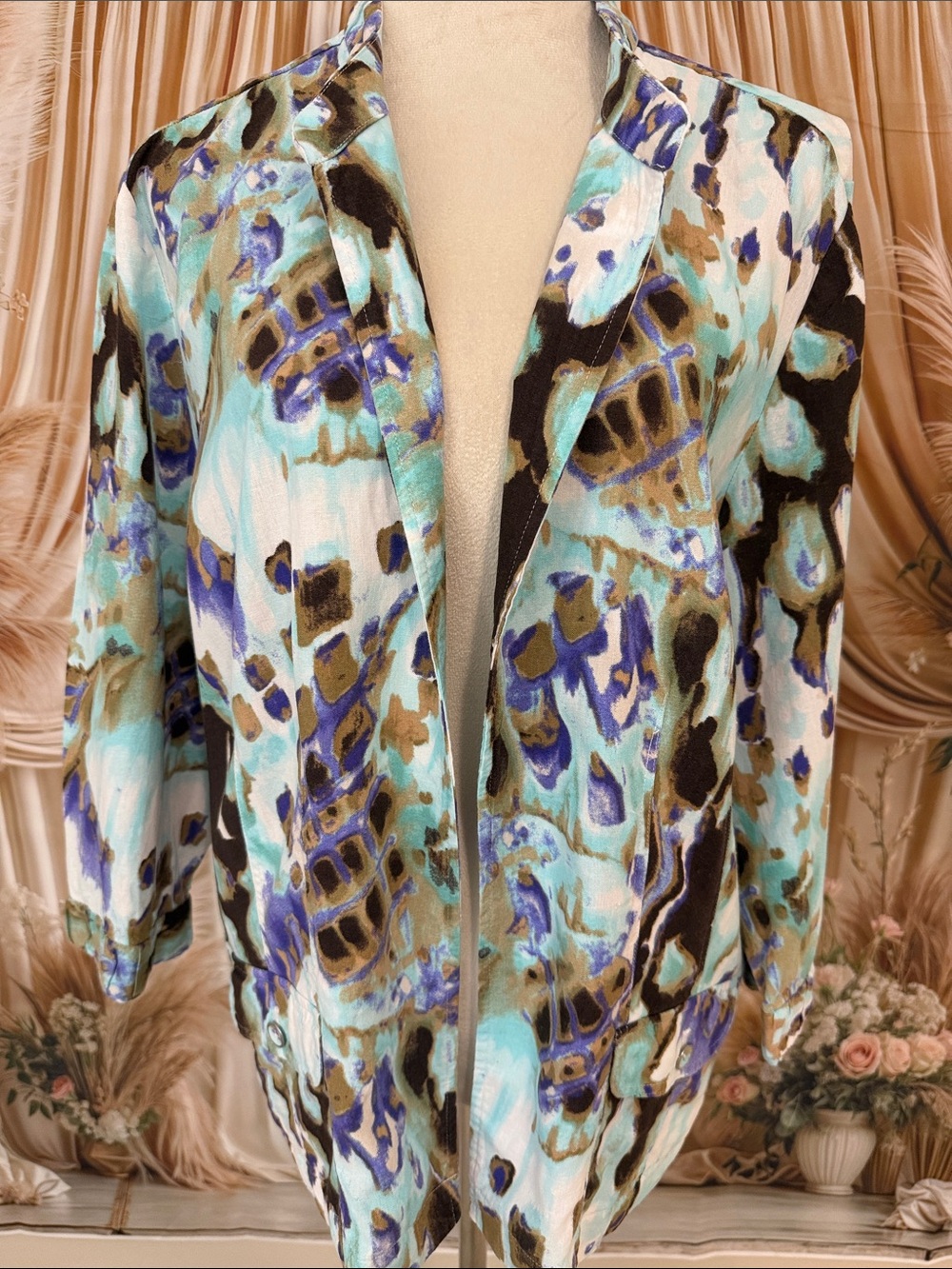 Chico's Aqua, Blue & Brown Abstract Print Blazer